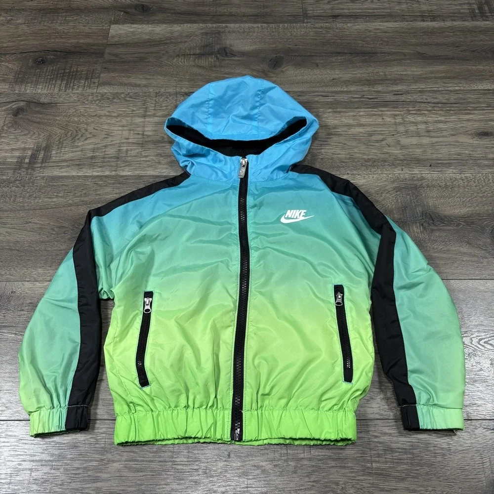 Nike Jacket Unisex Kids 4 Blue Green Ombre Hooded Zip Windbreaker Lightweight‎